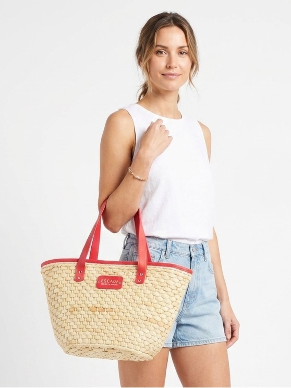 Escada Cherry In The Air Woven Straw Tote with Pink Trim